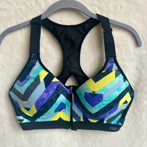 VSX Sport Black Teal Purple Geometric Front Zip Sports Bra Adjustable Strap 34D